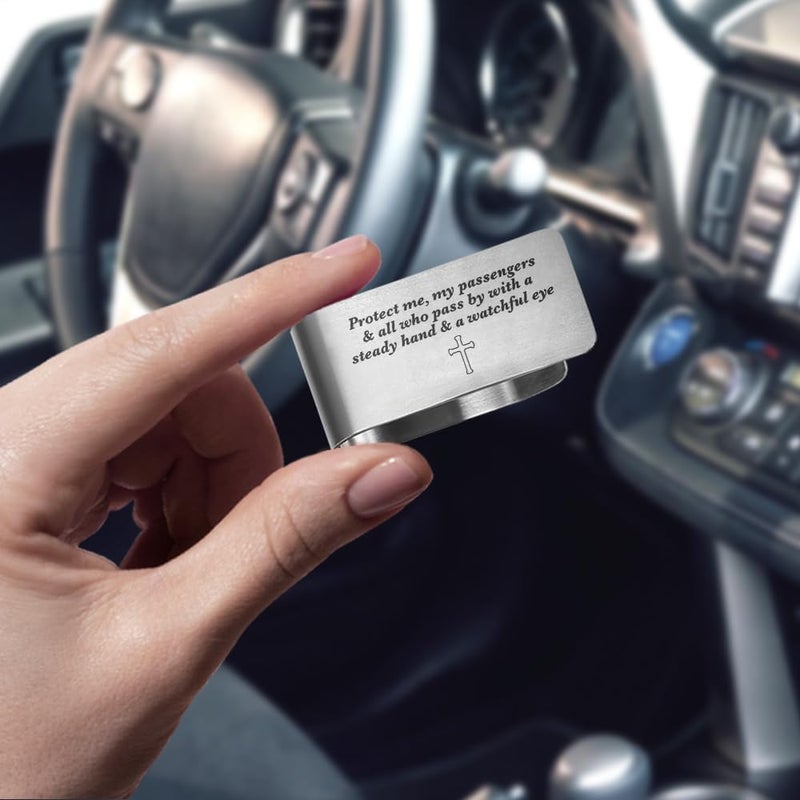 PUVOXHO Protect Me My Passengers and All Who Pass by Engraved Stainless Steel Car Visor Clip, Reminder to Stay Safe, Safe Driving Religious Gifts for Family Friend Taxi Driver, New Driver Gifts - Image 4